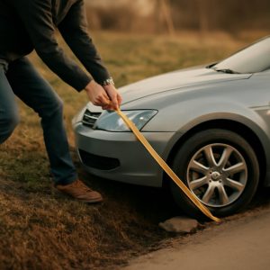 Самостоятельное вытаскивание автомобиля из кювета с использованием подкладок и троса